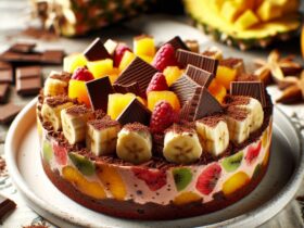 torta senza glutine ai frutti tropicali e cioccolato per un dessert esotico e goloso