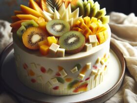 torta senza glutine al cioccolato bianco e frutti tropicali per dolci esotici