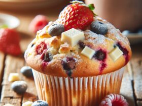 muffin senza glutine al cioccolato bianco e frutti di bosco per un inizio giornata dolce e colorato