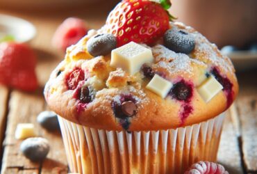 muffin senza glutine al cioccolato bianco e frutti di bosco per un inizio giornata dolce e colorato