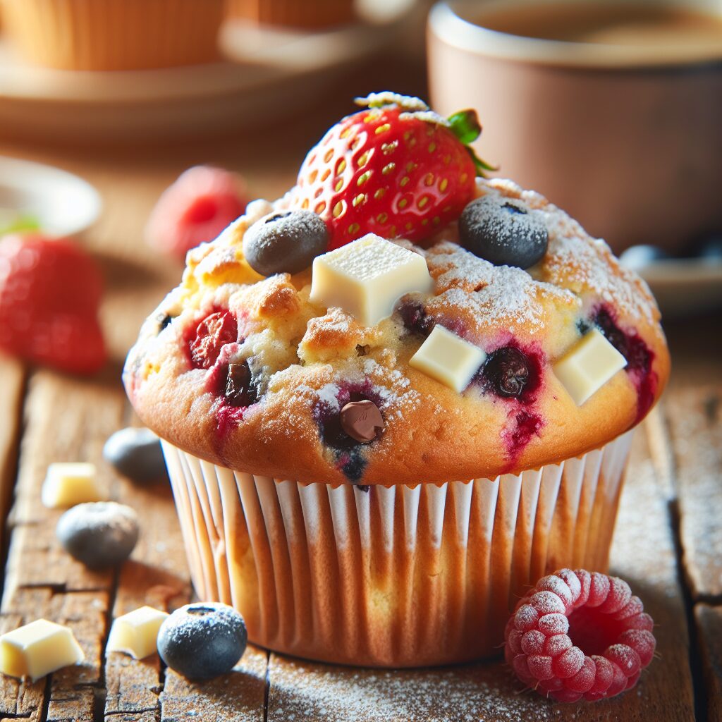 muffin senza glutine al cioccolato bianco e frutti di bosco per un inizio giornata dolce e colorato